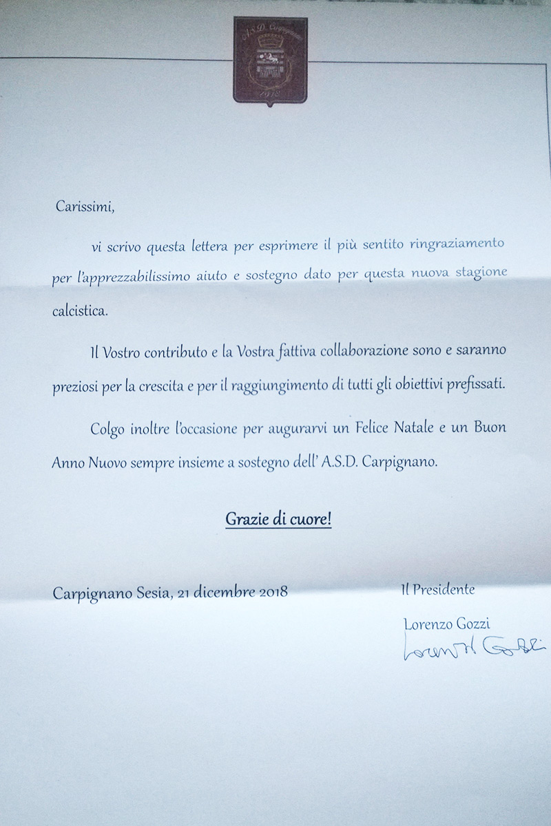 lettera Lorenzo Gozzi ASD Carpignano Sesia